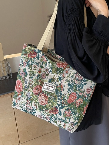 Grand Sac Cabas Femme Jacquard Floral Sac à Épaule en Toile Vintage Style Pastoral Artistique Sac à Main Quotidien