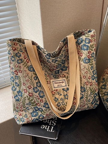 Vintage Floral Jacquard Canvas Tote Bag For Women Large Capacity Shoulder Bag Casual Pastoral Style School Handbag Shopping Bag