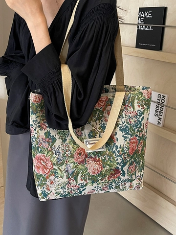 Grand Sac Cabas Femme Jacquard Floral Sac à Épaule en Toile Vintage Style Pastoral Artistique Sac à Main Quotidien