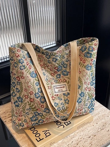 Vintage Floral Jacquard Canvas Tote Bag For Women Large Capacity Shoulder Bag Casual Pastoral Style School Handbag Shopping Bag