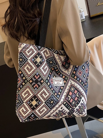 Bolso Tote Tejido Geométrico Bohemio para Mujer Gran Capacidad Bolso de Hombro de Lona para Escuela Viaje Estilo Étnico