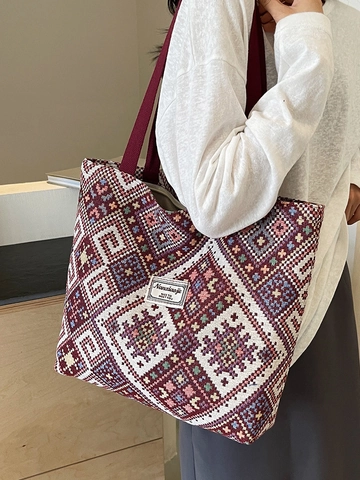 Bolso Tote Tejido Geométrico Bohemio para Mujer Gran Capacidad Bolso de Hombro de Lona para Escuela Viaje Estilo Étnico