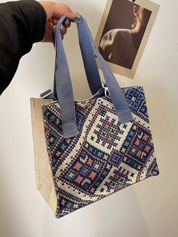 Sac Bandoulière en Lin de Coton Motif Géométrique Style Ethnique Rétro Jacquard Sac à Main pour Femme Quotidien