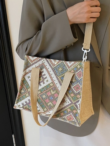 Sac Bandoulière en Lin de Coton Motif Géométrique Style Ethnique Rétro Jacquard Sac à Main pour Femme Quotidien