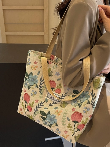 Borsa Tote in Tela Floreale Cinese di Grande Capacità per Donna Borsa a Spalla Vintage in Jacquard per Pendolari Borsa per Studenti a Scuola