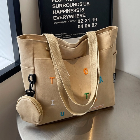 Women Large Capacity Canvas Tote Bag With Colorful Letter Embroidery Fashion Commuter Shoulder Handbag With Round Coin Purse