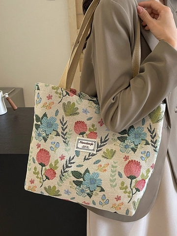 Bolso Tote de Lona para Mujer Estampado Floral Gran Capacidad Bolso de Mano Vintage Estética Bolso de Compras para Mujeres Niñas
