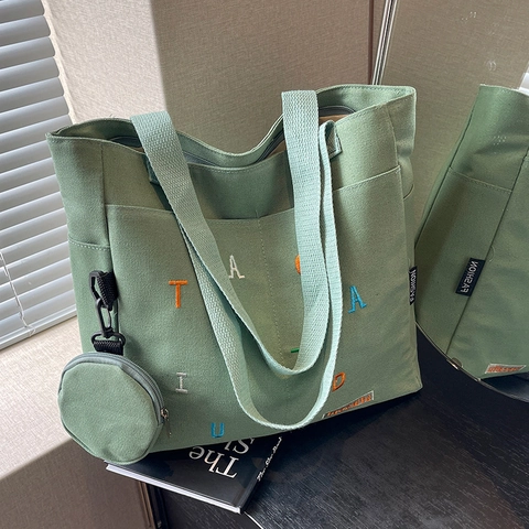 Women Large Capacity Canvas Tote Bag With Colorful Letter Embroidery Fashion Commuter Shoulder Handbag With Round Coin Purse