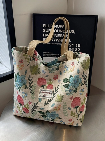 Bolso Tote de Lona para Mujer Estampado Floral Gran Capacidad Bolso de Mano Vintage Estética Bolso de Compras para Mujeres Niñas
