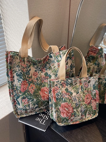 Vintage Ethnic Floral Jacquard Canvas Tote Bag For Women Large Capacity Handbag Casual Commuting Shoulder Bag Shopper Purse