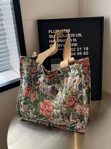 Vintage Ethnic Floral Jacquard Canvas Tote Bag For Women Large Capacity Handbag Casual Commuting Shoulder Bag Shopper Purse