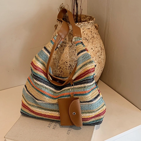 Sac à Épaule en Paille Tissé à la Main Grande Capacité Sac Cabas Rayé Avec Bandoulière en Cuir et Mini Pochette Femme