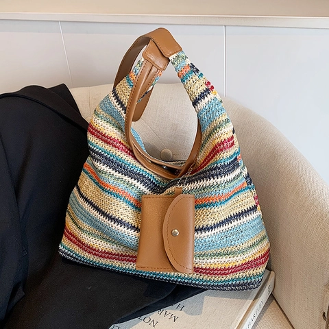 Sac à Épaule en Paille Tissé à la Main Grande Capacité Sac Cabas Rayé Avec Bandoulière en Cuir et Mini Pochette Femme
