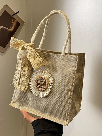 Japanese Mori Style Linen Handbag With Lace Bow And Sunflower Decoration Small Square Tote Bag For Women Daily Vacation