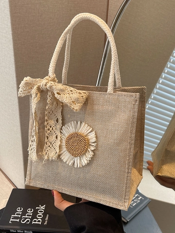Japanese Mori Style Linen Handbag With Lace Bow And Sunflower Decoration Small Square Tote Bag For Women Daily Vacation