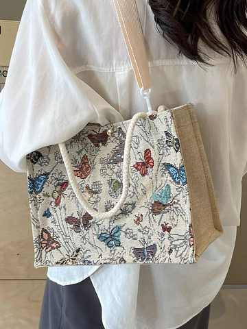 Damen Retro Schmetterling Druck Leinwand Tote Bag Koreanischer INS Stil Baumwolle Leinen Schultertasche Verstellbarer Gurt Handtasche