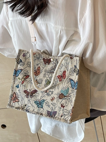 Damen Retro Schmetterling Druck Leinwand Tote Bag Koreanischer INS Stil Baumwolle Leinen Schultertasche Verstellbarer Gurt Handtasche
