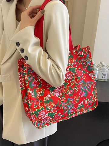 Borsa Tote in Tela Floreale Stile Nazionale Grande Capacità Vintage in Tessuto Oxford Borsa a Spalla Donna Casual