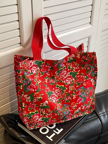 Ethnic Floral Print Oxford Cloth Tote Bag Large Capacity Vintage Peony Pattern Shoulder Handbag For Women Casual Travel Shopping Bag