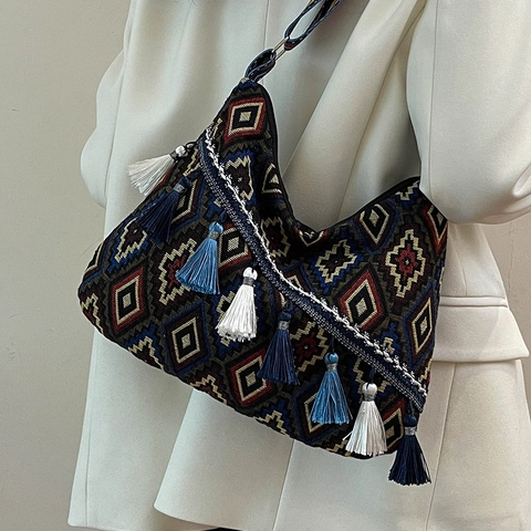 Bohemian Ethnic Style Women Shoulder Bag Large Capacity Canvas Woven Tote Bag With Tassel Geometric Pattern Retro Crossbody Bag
