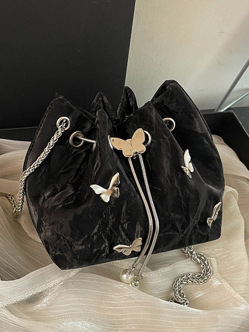 Dames Mode PU Leer Vlinder Emmer Tas Elegante Trekkoord Geplooide Schoudertas Met Kettingriem Parel Hanger Handtas