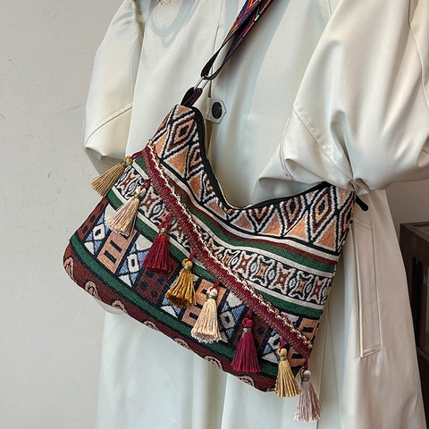 Bohemian Ethnic Style Women Shoulder Bag Large Capacity Canvas Woven Tote Bag With Tassel Geometric Pattern Retro Crossbody Bag