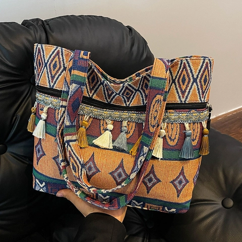 Damen Ethno-Stil Segeltuch Tote Bag Böhmisch Geometrisches Muster Große Kapazität Quasten Schultertasche Handtasche Für Reisen