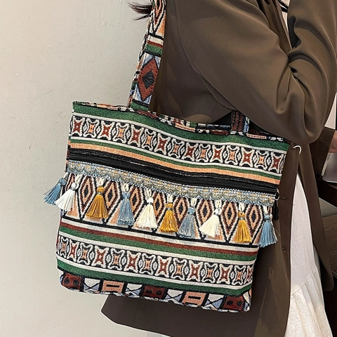Damen Ethno-Stil Segeltuch Tote Bag Böhmisch Geometrisches Muster Große Kapazität Quasten Schultertasche Handtasche Für Reisen