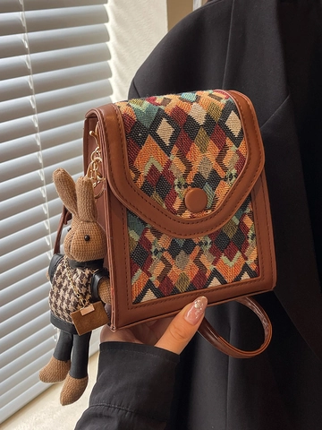 Borsa a Tracolla Vintage Donna Intrecciata Geometrica in Pelle PU Mini Borsa per Cellulare Moda Piccola Borsa Quadrata Con Ciondolo a Coniglio