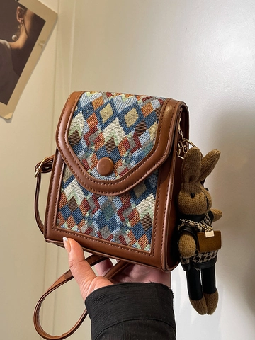 Borsa a Tracolla Vintage Donna Intrecciata Geometrica in Pelle PU Mini Borsa per Cellulare Moda Piccola Borsa Quadrata Con Ciondolo a Coniglio