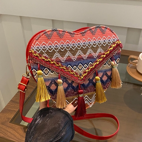 Borsa a Tracolla Intrecciata a Forma di Cuore Boho per Donna Ricamo Etnico Nappa Borsa a Spalla Cinghia Regolabile