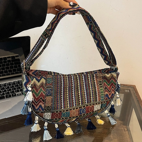 Handgefertigte Gewebte Böhmische Ethno Schultertasche Damen Geometrisches Muster Fransen Crossbody Knödeltasche Mode Alltag