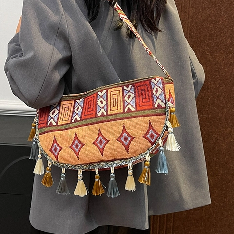 Handgefertigte Gewebte Böhmische Ethno Schultertasche Damen Geometrisches Muster Fransen Crossbody Knödeltasche Mode Alltag