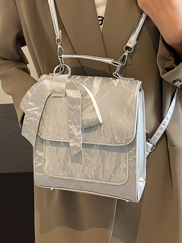 Bolso de Hombro con Lazo Metálico Arrugado para Mujer Mochila Cuadrada Pequeña de Cuero PU de Moda Bolso de Lazo Diario