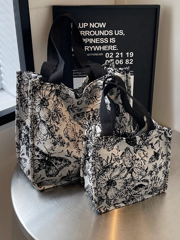 Women Vintage Canvas Tote Bag Butterfly Floral Print Large Capacity Handbag Shopping Commute Shoulder Bag For Women