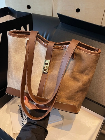 Vintage PU Leather Patchwork Tote Bag Large Capacity Shoulder Handbag Metal Lock Contrast Color Office Purse For Women