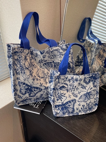 Women Vintage Canvas Tote Bag Butterfly Floral Print Large Capacity Handbag Shopping Commute Shoulder Bag For Women