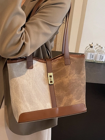 Vintage PU Leather Patchwork Tote Bag Large Capacity Shoulder Handbag Metal Lock Contrast Color Office Purse For Women
