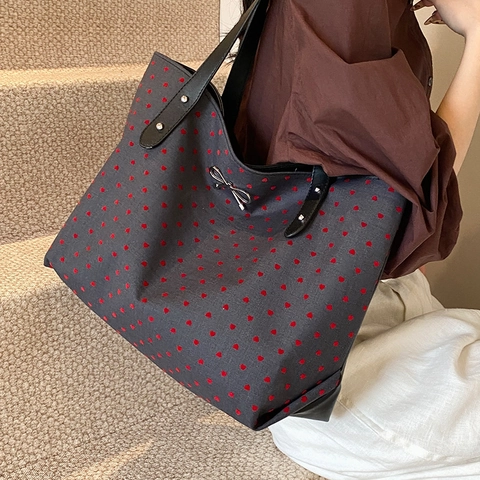 Bolso de Mano Grande para Mujer de Lona Estilo Lunares Corazón Estrella Estampado Con Decoración de Lazo Bolso de Hombro Casual