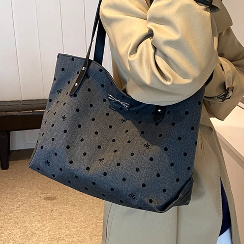 Bolso de Mano Grande para Mujer de Lona Estilo Lunares Corazón Estrella Estampado Con Decoración de Lazo Bolso de Hombro Casual