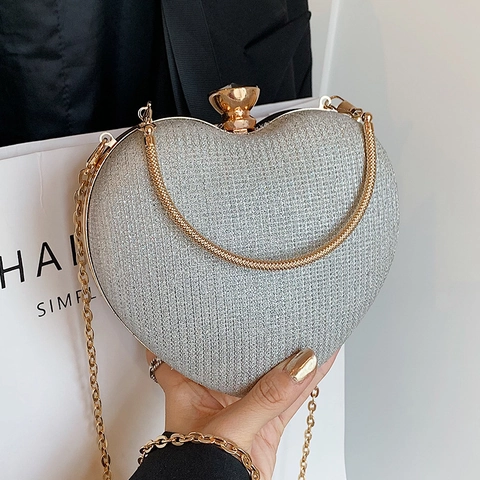 Sac de Soirée en Forme de Coeur pour Femmes Pochette Paillettes Strass Mode Sac à Bandoulière Avec Poignée Anneau en Métal et Chaîne