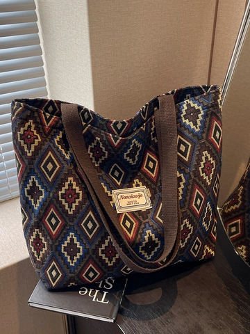 Borsa Tote in Tela Bohemien Donna Grande Capacità Borsa a Tracolla Etnica Intrecciata Borsa a Secchiello Jacquard retrò