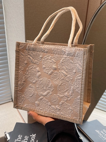 Borsa Tote Mini in Jacquard a Rilievo Rosa Vintage da Donna Borsa a Mano in Lino Juta Con Manico in Corda e Bottone in Legno