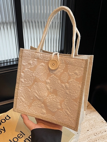 Borsa Tote Mini in Jacquard a Rilievo Rosa Vintage da Donna Borsa a Mano in Lino Juta Con Manico in Corda e Bottone in Legno