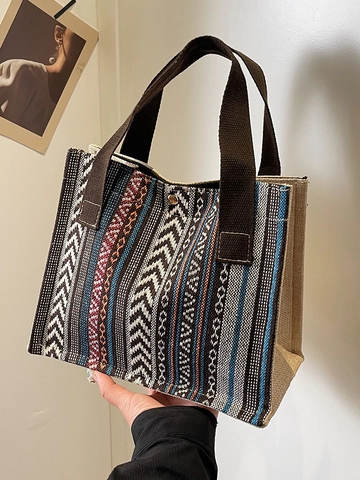 Damen Ethno Gewebte Tote Bag Retro Geometrisches Muster Jacquard Handtasche Boho Leinwand Schultertasche Lässige Handtasche