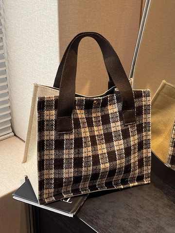 Women Plaid Woven Tote Bag Japanese Style Linen Patchwork Bento Bag With Magnetic Closure Streetwear Shoulder Handbag
