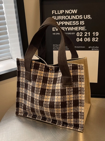 Women Plaid Woven Tote Bag Japanese Style Linen Patchwork Bento Bag With Magnetic Closure Streetwear Shoulder Handbag