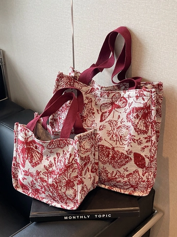 French Retro Butterfly Floral Canvas Tote Bag For Women Large Capacity Toile De Jouy Print Shoulder Shopping Bag Commuting Handbag