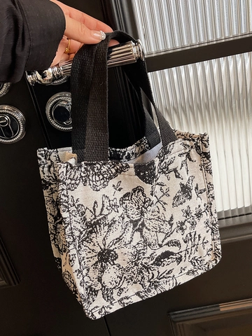French Retro Butterfly Floral Canvas Tote Bag For Women Large Capacity Toile De Jouy Print Shoulder Shopping Bag Commuting Handbag