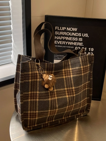 Plaid Canvas Tote Bag Vintage Große Kapazität Pendler Handtasche Tartan Muster Damen Schultertasche mit Monster Plüsch Anhänger